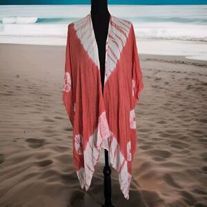 Bijoux Terner Kaftan Beach Swim Cover Up Women OS Coral Tie Dye Open Boho Hippie